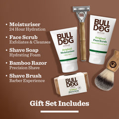 Premium Gift: Shave Collection includes a bamboo razor, moisturizer, face scrub, shave soap, and brush. Perfect for men, it features clear labels and a list of included items with their features on the left.