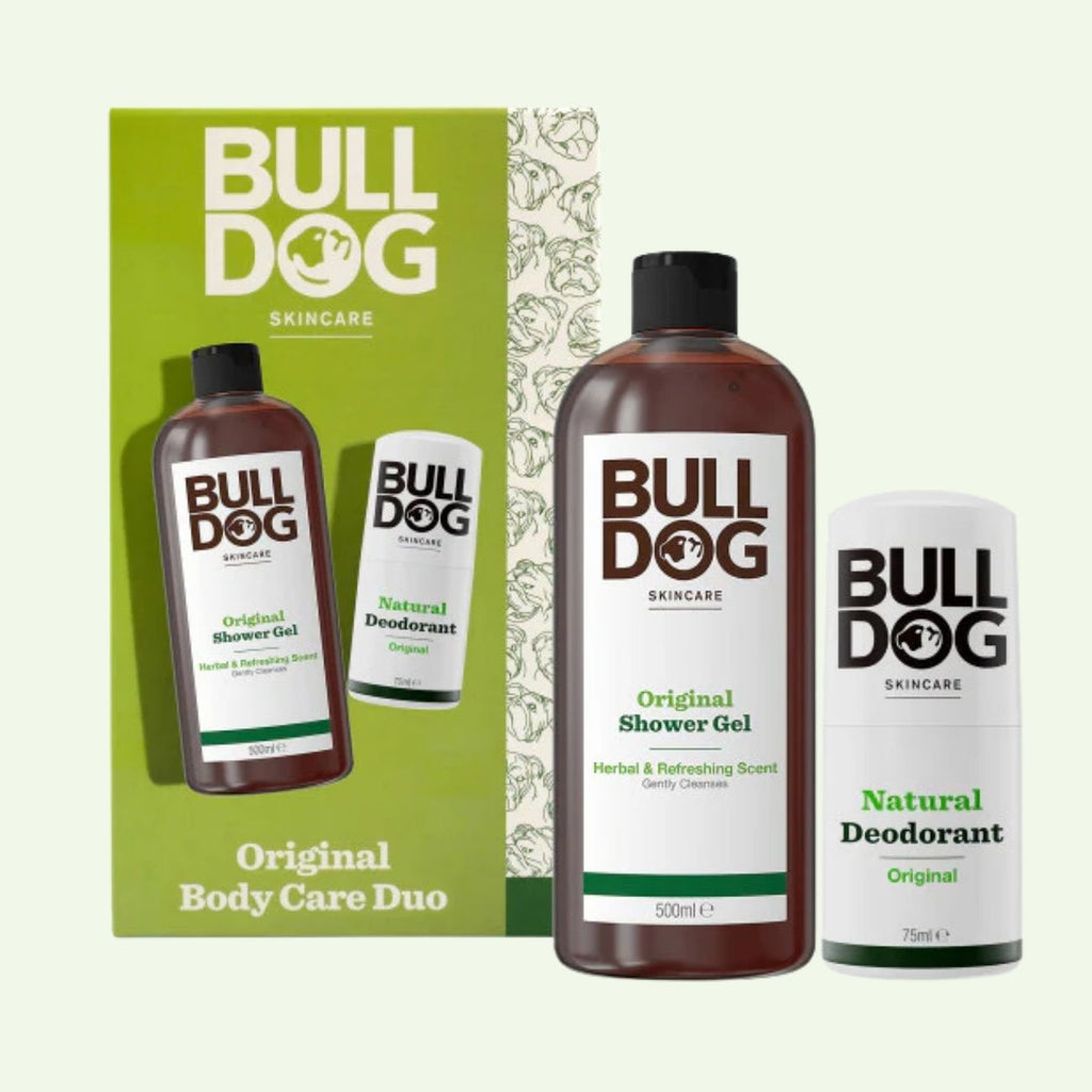 The Original Body Care Duo includes a 500ml Original Shower Gel and 75ml Natural Deodorant, displayed next to the signature green and yellow box—an ideal gift for men.