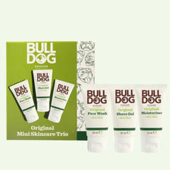 A white box labeled Original Mini Skincare Trio contains three 30ml tubes—Face Wash, Shave Gel, and Moisturiser with aloe vera. Green accents highlight this perfect Bulldog gift set.