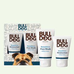 The Sensitive Skincare Duo features Bulldogs Sensitive Moisturiser and Face Wash with Willow Herb in two white tubes, all in a branded box with a bulldog illustration—making it the perfect thoughtful gift for men.