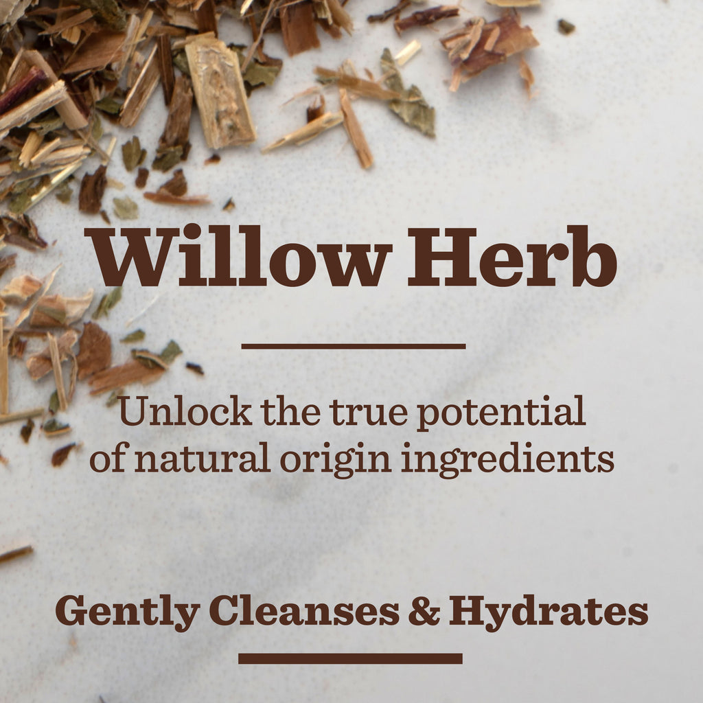 Dried willow herb scattered on a light surface with text: Willow Herb. Discover natural origin care with the Bulldog Skincare Sensitive Duo Set—gently cleanses and hydrates, making it an ideal gift for men.
