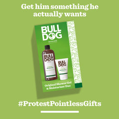 Moisturiser & Shower Gel Duo gift set on a green background. Caption: Get him something he actually wants and #ProtestPointlessGifts. The perfect gift for men who appreciate quality skincare.