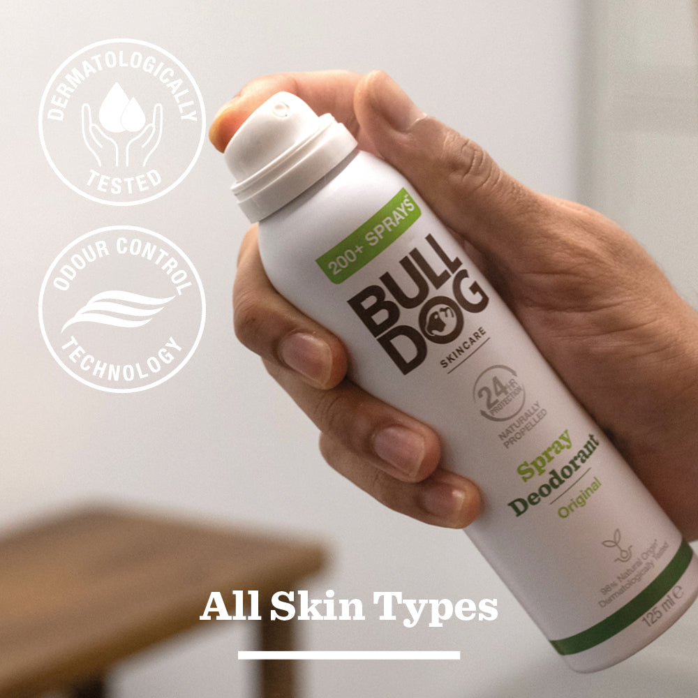 A hand holds a can of Original Spray Deodorant, offering 200+ sprays and advanced odour-control. This vegan, dermatologically tested deodorant suits all skin types. The softly blurred background adds a fresh, clean vibe.