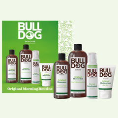 The Original Morning Routine, featuring Bulldog Skincare’s Shampoo, Shower Gel, Moisturizer, and Spray Deodorant, is arranged on a green background—ideal as a men’s gift set or thoughtful Christmas present.
