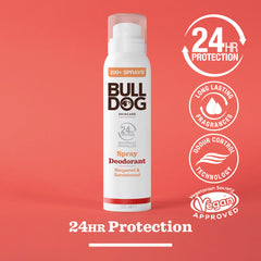 A can of Bergamot & Sandalwood Spray Deodorant stands against a red background. This vegan deodorant provides 24-hour protection, odour control, a long-lasting fragrance, and contains natural ingredients.