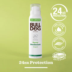 A white can of Bulldog Skincare Original Spray Deodorant stands on a green background. Surrounding text highlights 24hr protection, long-lasting fragrance, odour-control technology, and vegan approval.