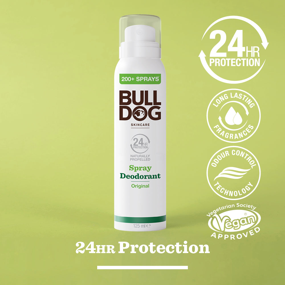 A can of Bulldog Skincare Original Spray Deodorant Bundle stands on a green background, with icons and text showcasing its grooming benefits: 24hr protection, long-lasting fragrance, odour control, and natural-origin ingredients.