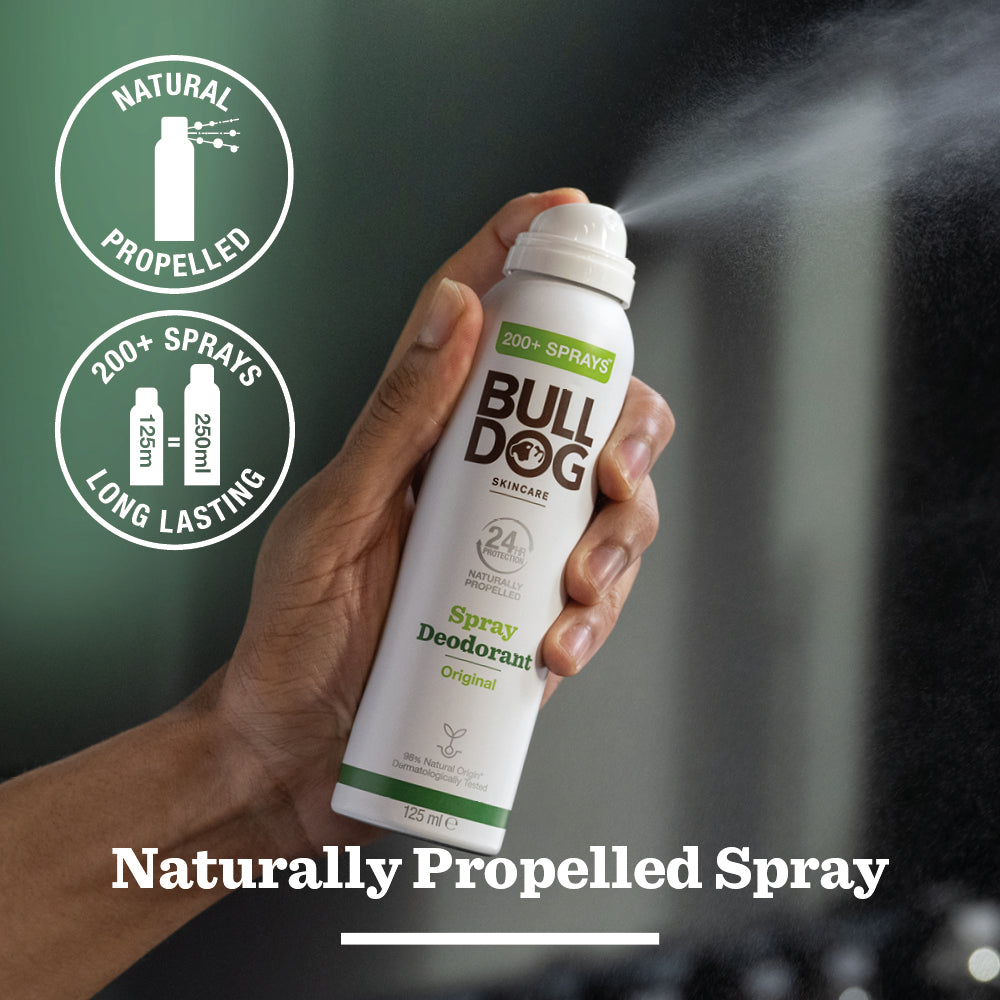 A hand sprays the Original Spray Deodorant Bundle. Text highlights “Naturally Propelled Spray,” “200+ sprays,” “250ml,” and “long lasting.” The white and green can suits any grooming routine.