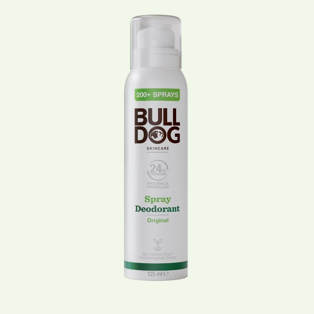 The Original Spray Deodorant comes in a white 125 ml can with green and brown text, a clear cap, offers 24-hour odour control, is vegan-friendly, and provides over 200 sprays.