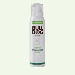 The Original Spray Deodorant comes in a white 125 ml can with green and brown text, a clear cap, offers 24-hour odour control, is vegan-friendly, and provides over 200 sprays.
