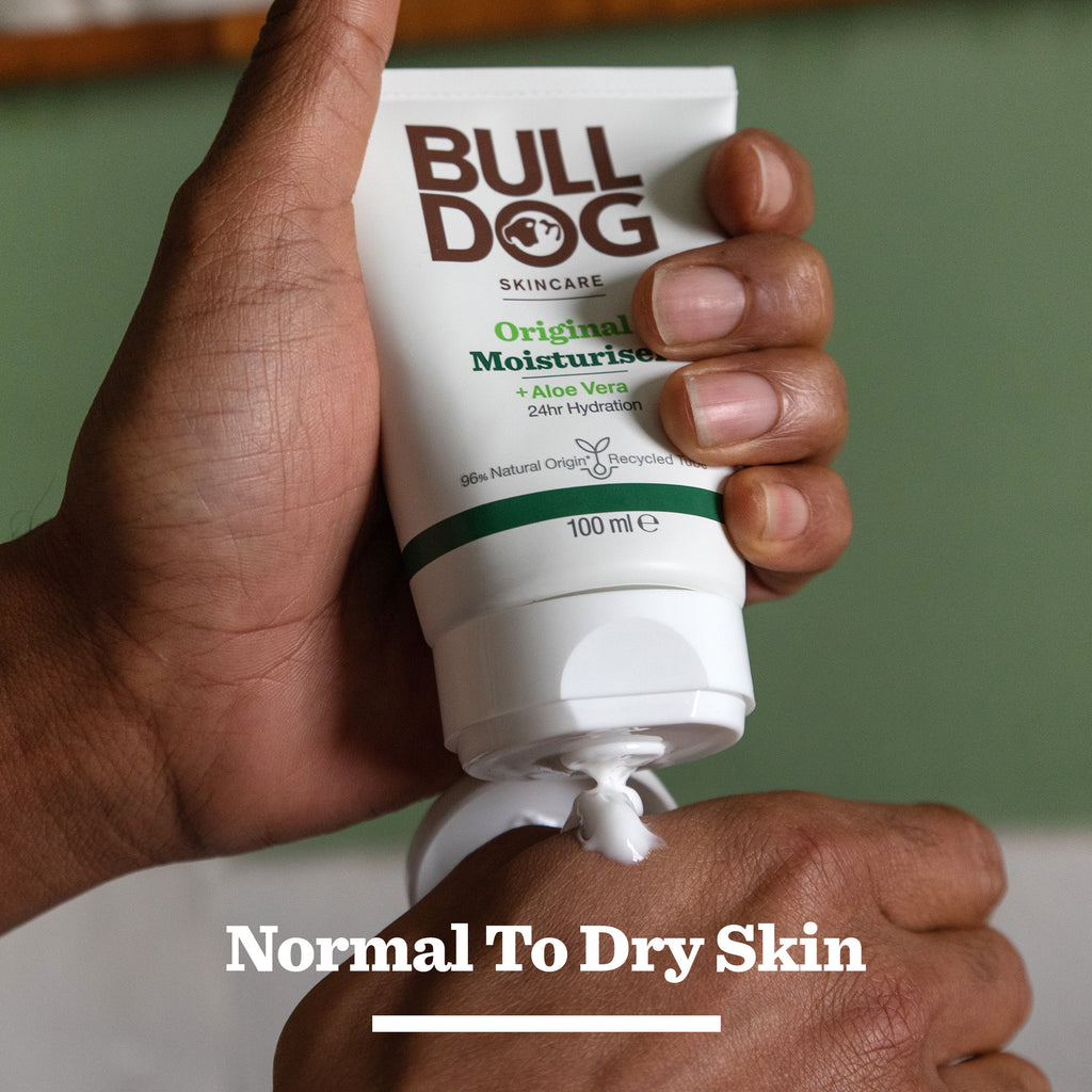 A hand squeezes a tube from the Premium Body Care Collection onto the palm, with "Normal To Dry Skin" below—ideal for men’s skincare or thoughtful gifts—set against a green and beige background.