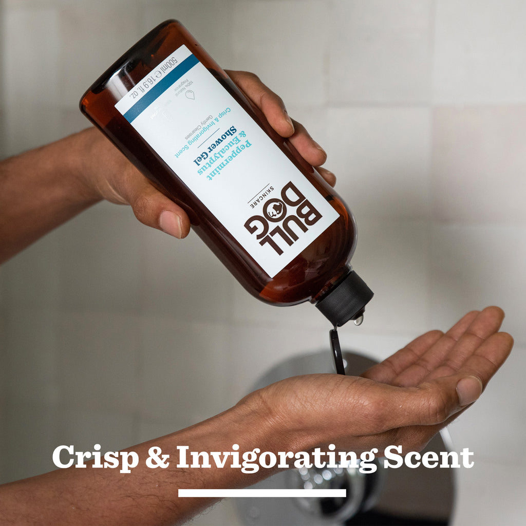 A person dispenses Peppermint & Eucalyptus Body Care Duo onto their palm above a sink. Text reads: Crisp & Invigorating Scent—ideal as a thoughtful gift for men.