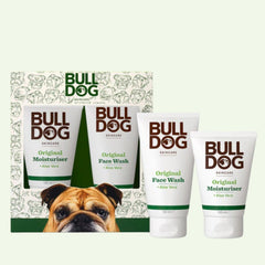 The Original Skincare Duo gift set includes two moisturisers and one face wash with aloe vera, ideal for men. The packaging displays a bulldog illustration and the Bulldog Skincare logo—perfect for gifting.