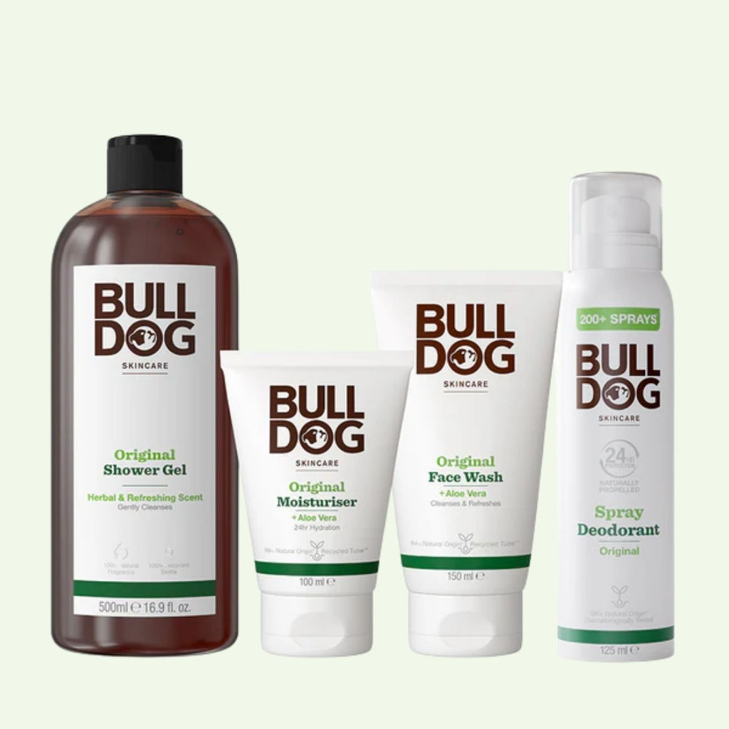 The Bulldog Skincare Original Spray Deodorant Bundle is displayed against a light background, ideal for refreshing your grooming routine with natural-origin ingredients.